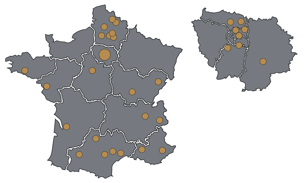 Cartes de France et Ile de France, montrant l'emplacement des agences du groupe CF et du Consortium